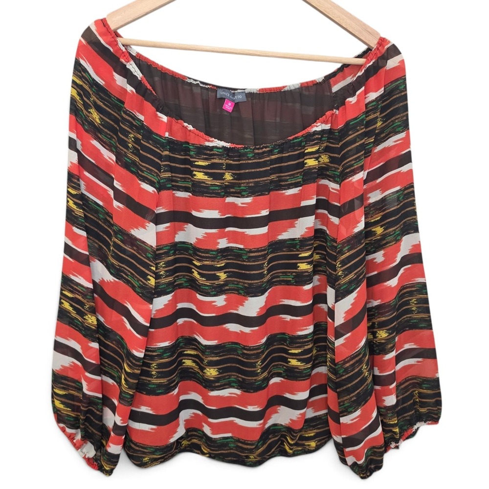 Vince Camuto Top Womens Medium Brown Striped Off The Shoulder Sheer Blouse